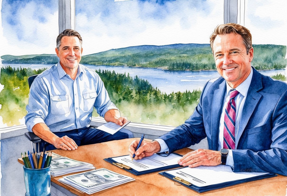 A real estate investor signing paperwork at a desk with a view of Aroostook County, ME in the background