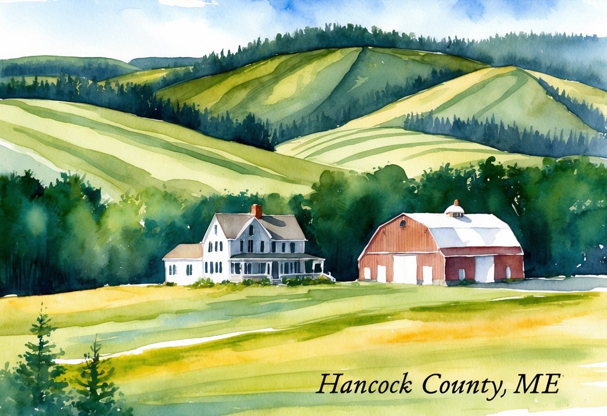 A scenic view of a rural property in Hancock County, ME, featuring rolling hills, a farmhouse, and a barn surrounded by fields and forests