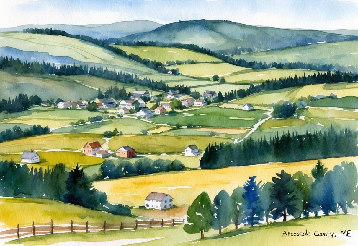 A rural landscape with rolling hills, farmland, and small towns in Aroostook County, ME. A mix of forests and open fields with a few scattered houses