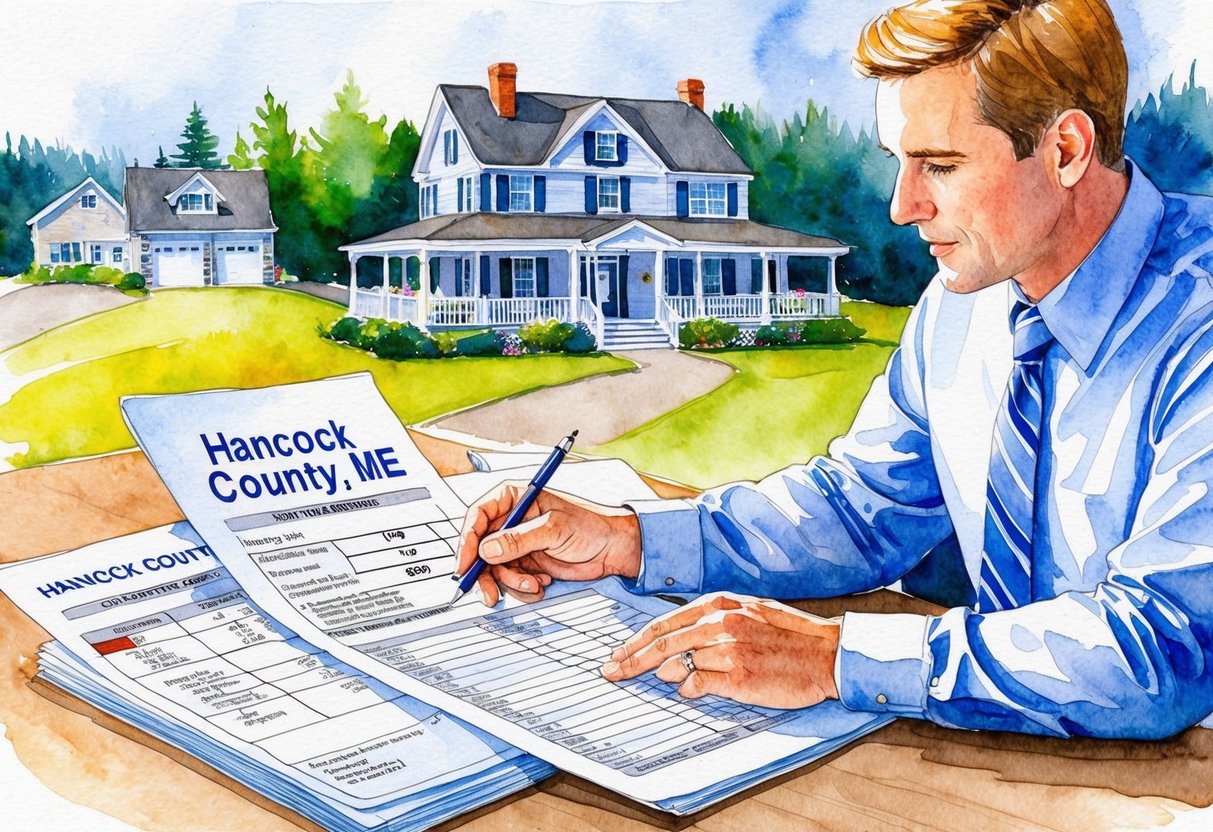 A real estate investor reviewing property listings and financial documents for Hancock County, ME