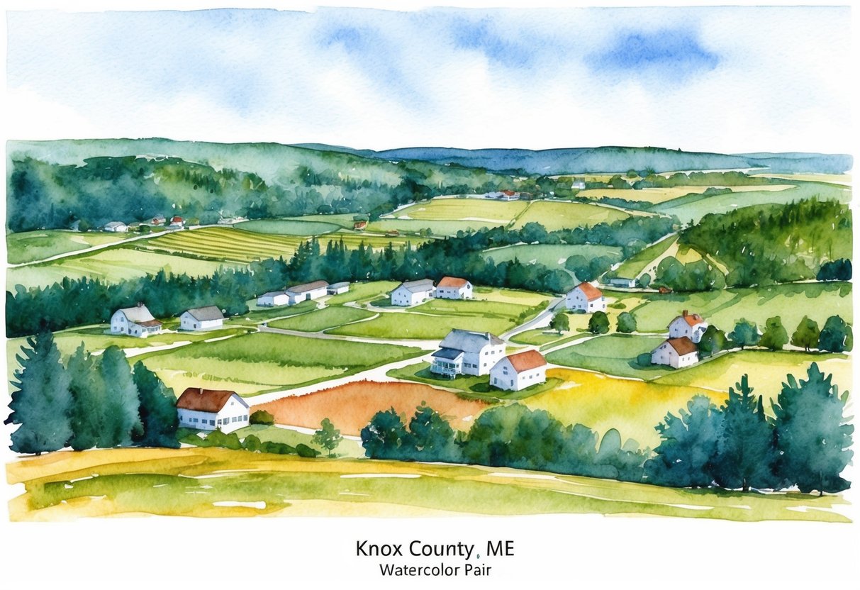 A rural landscape in Knox County, ME with a mix of farmland and forest, dotted with small towns and rural homes