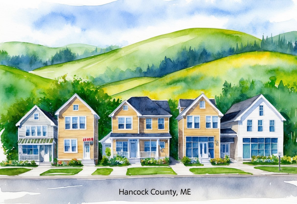A row of diverse properties in Hancock County, ME, including single-family homes, apartments, and commercial buildings, set against a backdrop of rolling hills and lush greenery