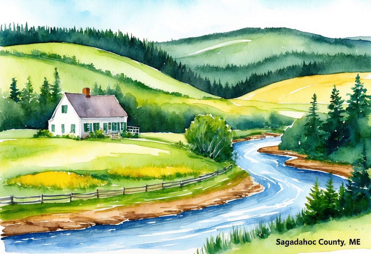 A rural landscape in Sagadahoc County, ME with a quaint farmhouse, rolling hills, and a winding river, surrounded by forests and fields
