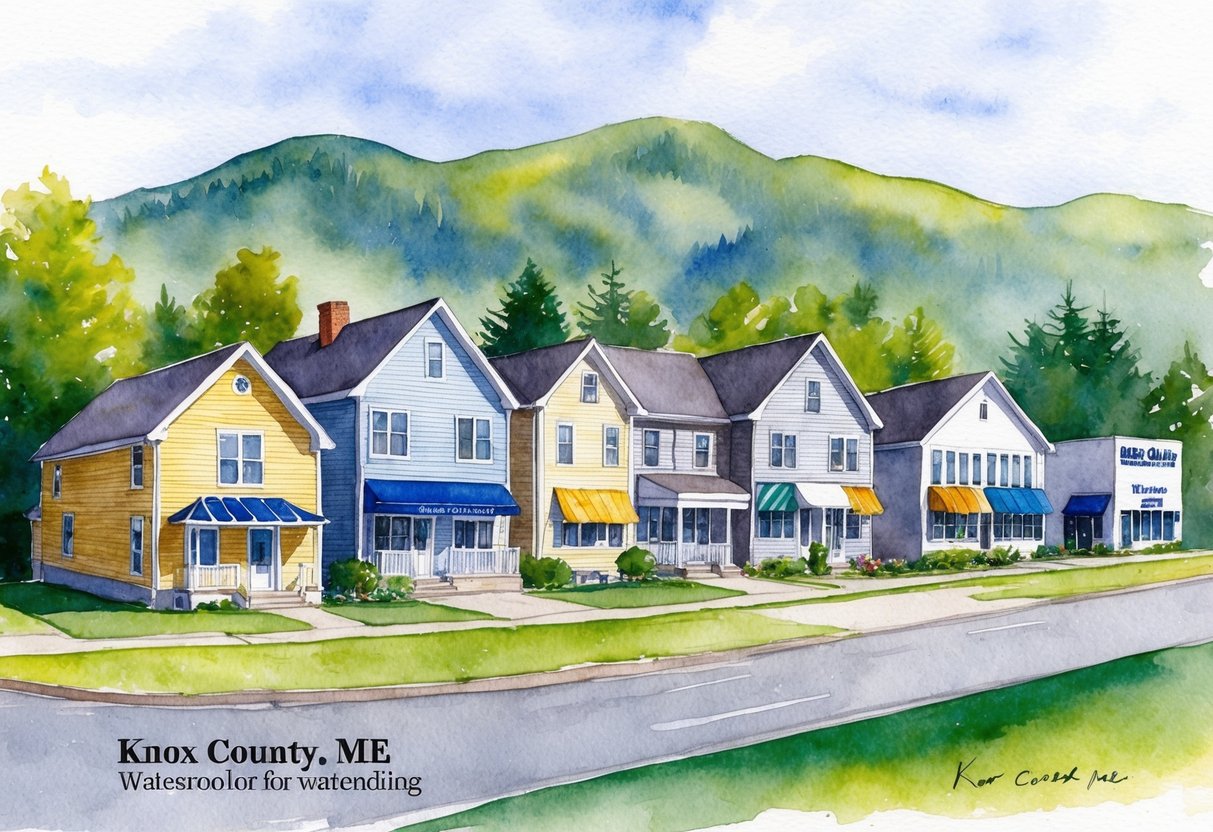 A row of diverse properties in Knox County, ME, including houses, apartments, and commercial buildings, surrounded by trees and a mountainous backdrop