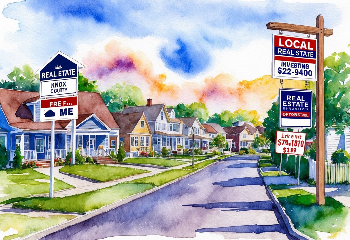 A vibrant neighborhood in Knox County, ME with various real estate properties and signs indicating local real estate investing opportunities