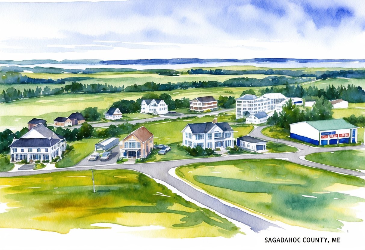 A scenic landscape of Sagadahoc County, ME with various real estate properties including houses, commercial buildings, and open land