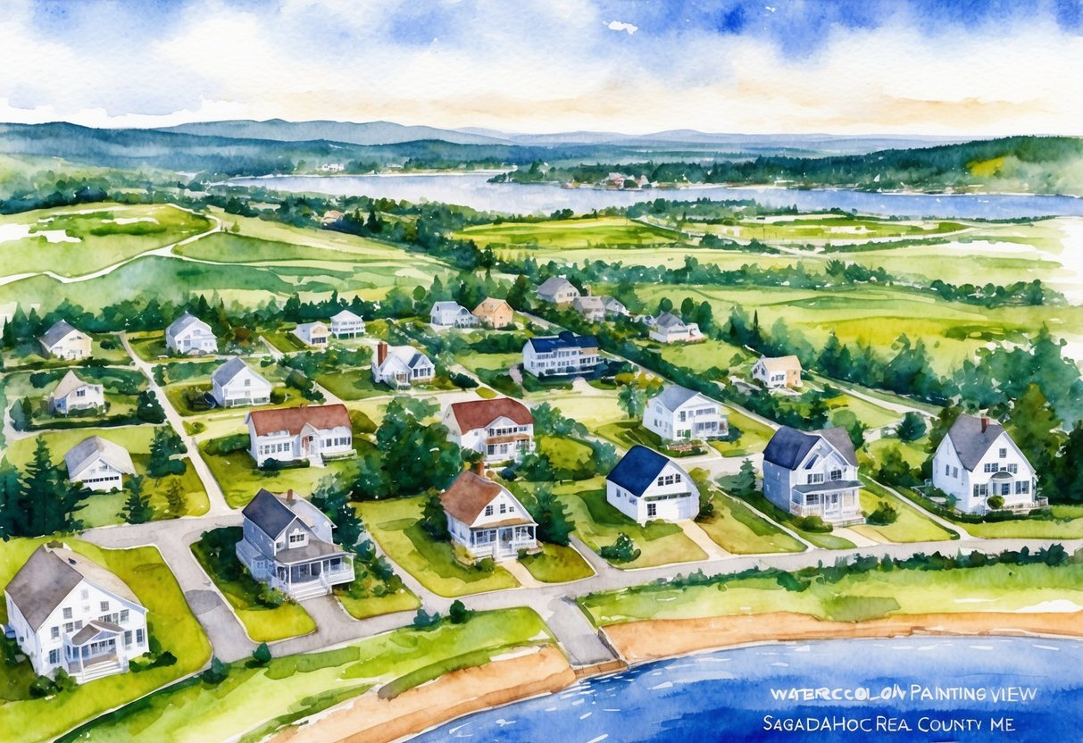 Aerial view of Sagadahoc County ME with diverse real estate properties and landscapes