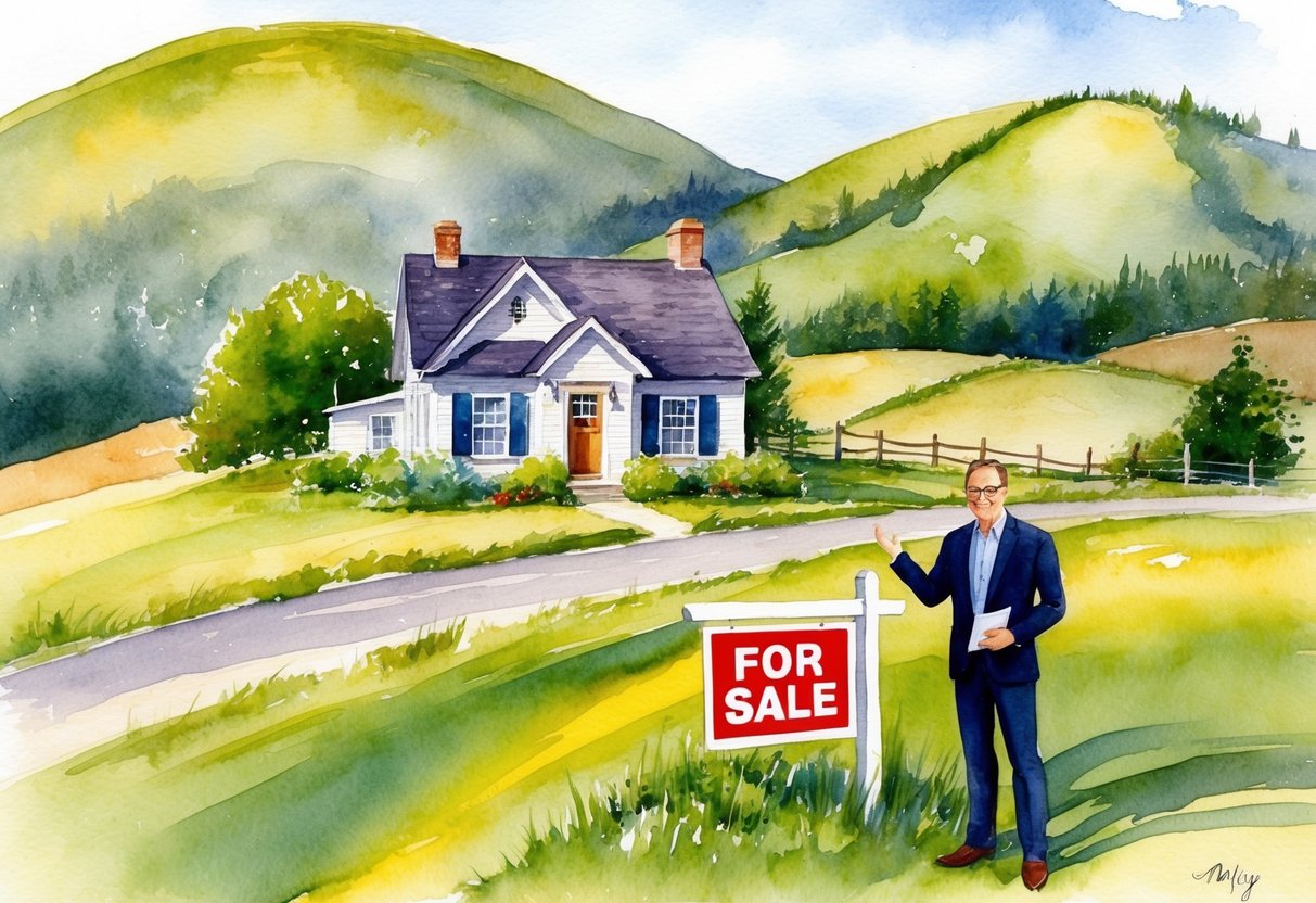 A rural landscape with a quaint house, rolling hills, and a for sale sign. A real estate agent stands nearby, offering advice