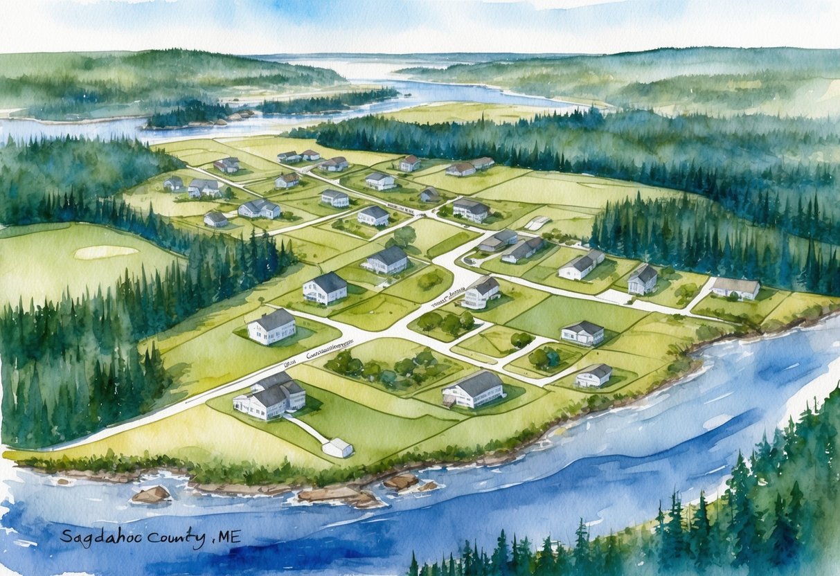 Aerial view of Sagadahoc County, ME with various properties and land parcels, surrounded by forests and waterways