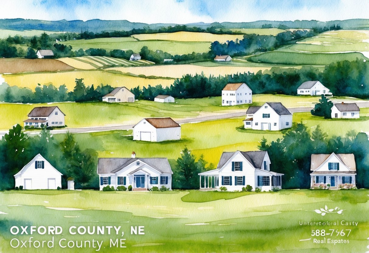 A rural landscape in Oxford County, ME with a mix of farmland and wooded areas, featuring various properties and real estate opportunities