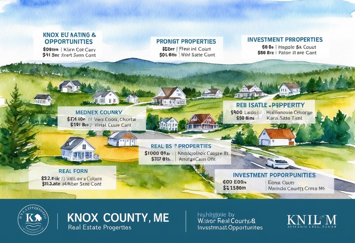 A scenic view of Knox County, ME with various real estate properties and investment opportunities highlighted
