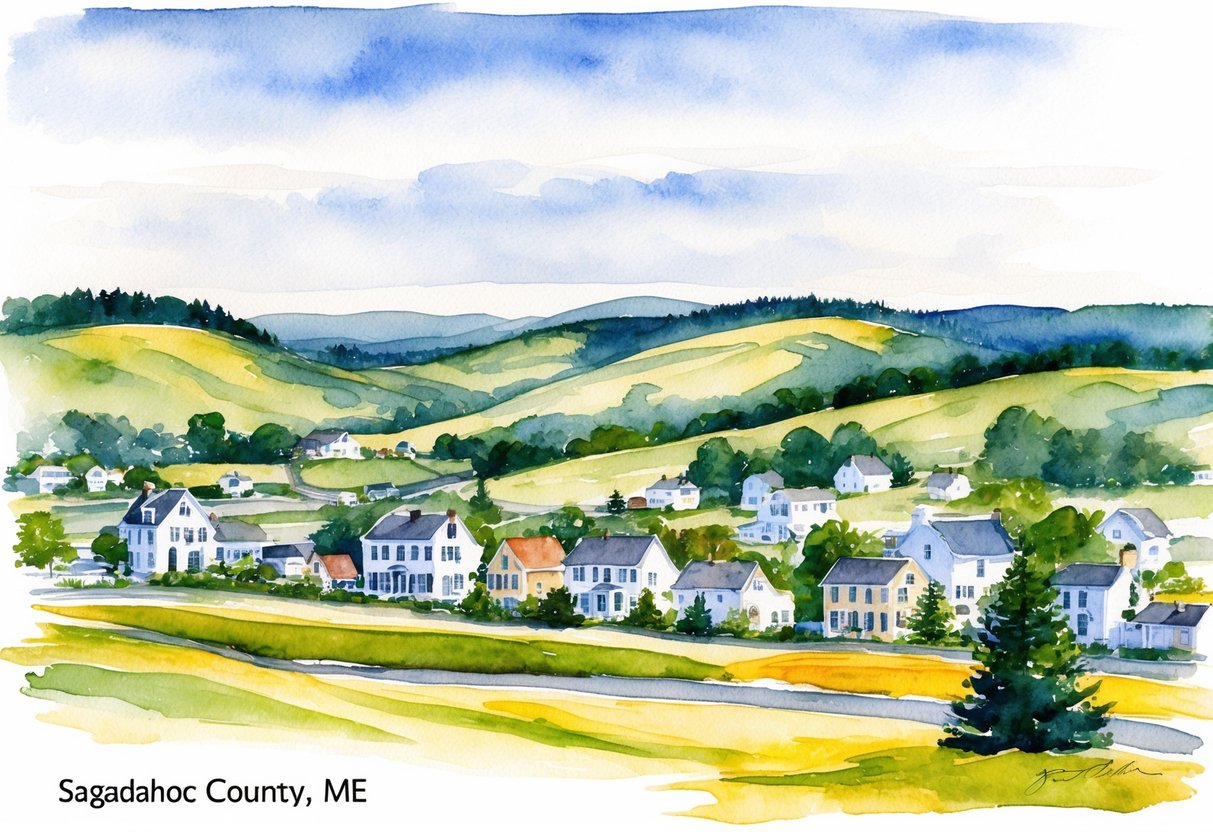 A picturesque landscape in Sagadahoc County, ME, with rolling hills, charming small towns, and promising real estate properties for investment