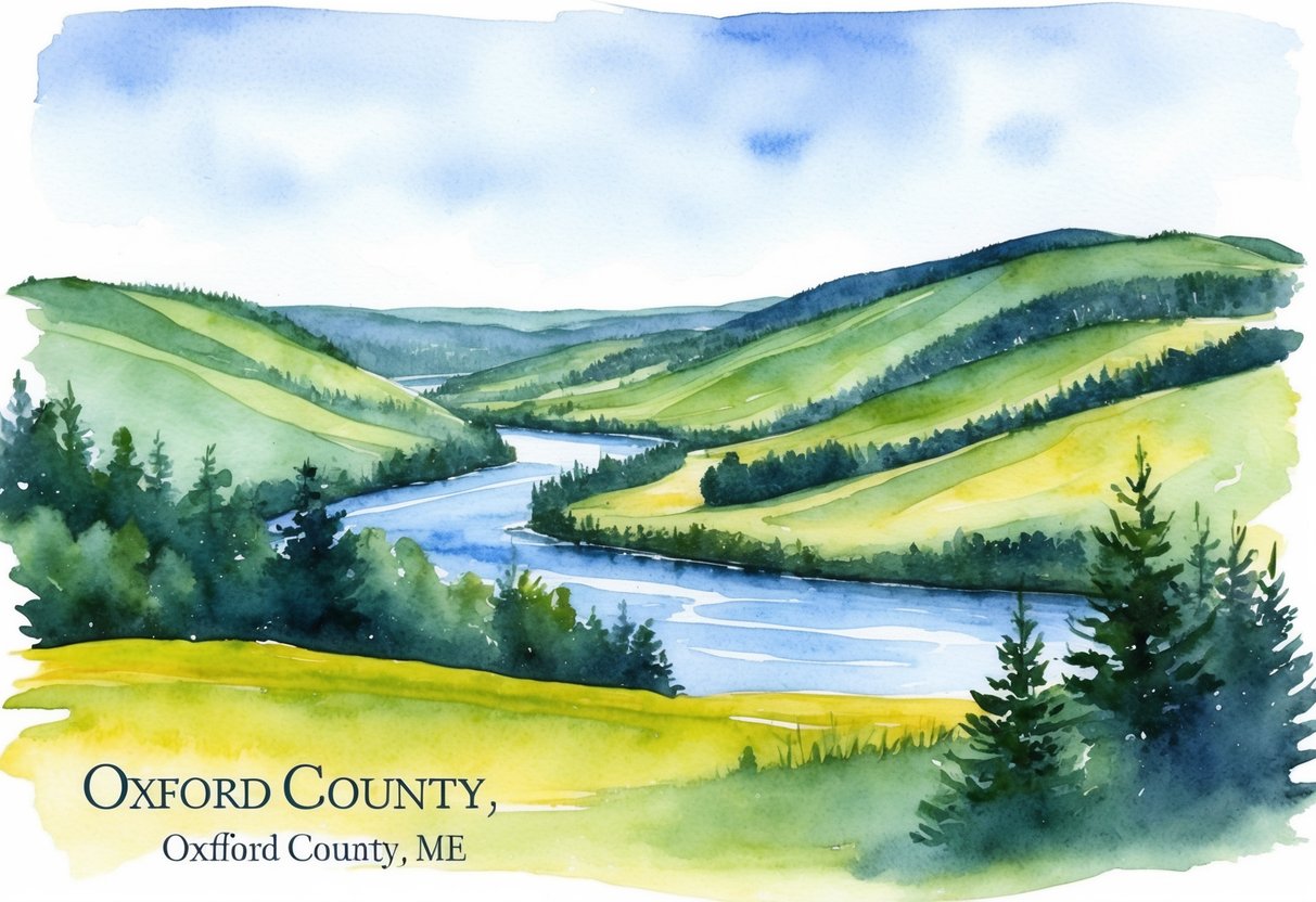 A scenic landscape of Oxford County, ME with rolling hills, forests, and a river, showcasing potential real estate investment opportunities