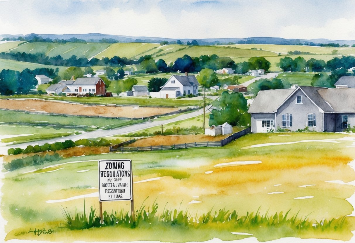 A rural landscape with a mix of farmland and residential properties, featuring signs indicating zoning regulations and legal notices