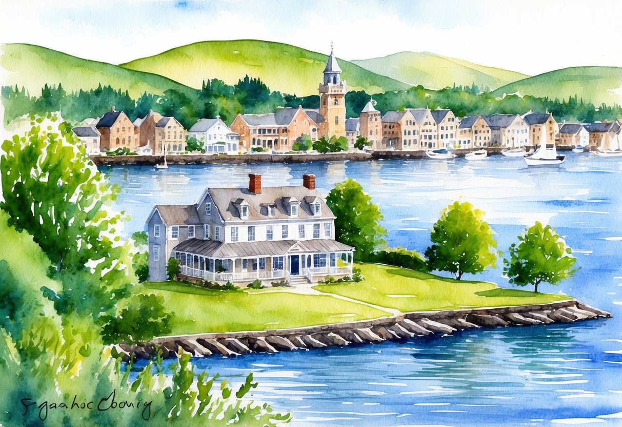 A serene waterfront property with a charming historic town in the background, surrounded by lush greenery and rolling hills in Sagadahoc County