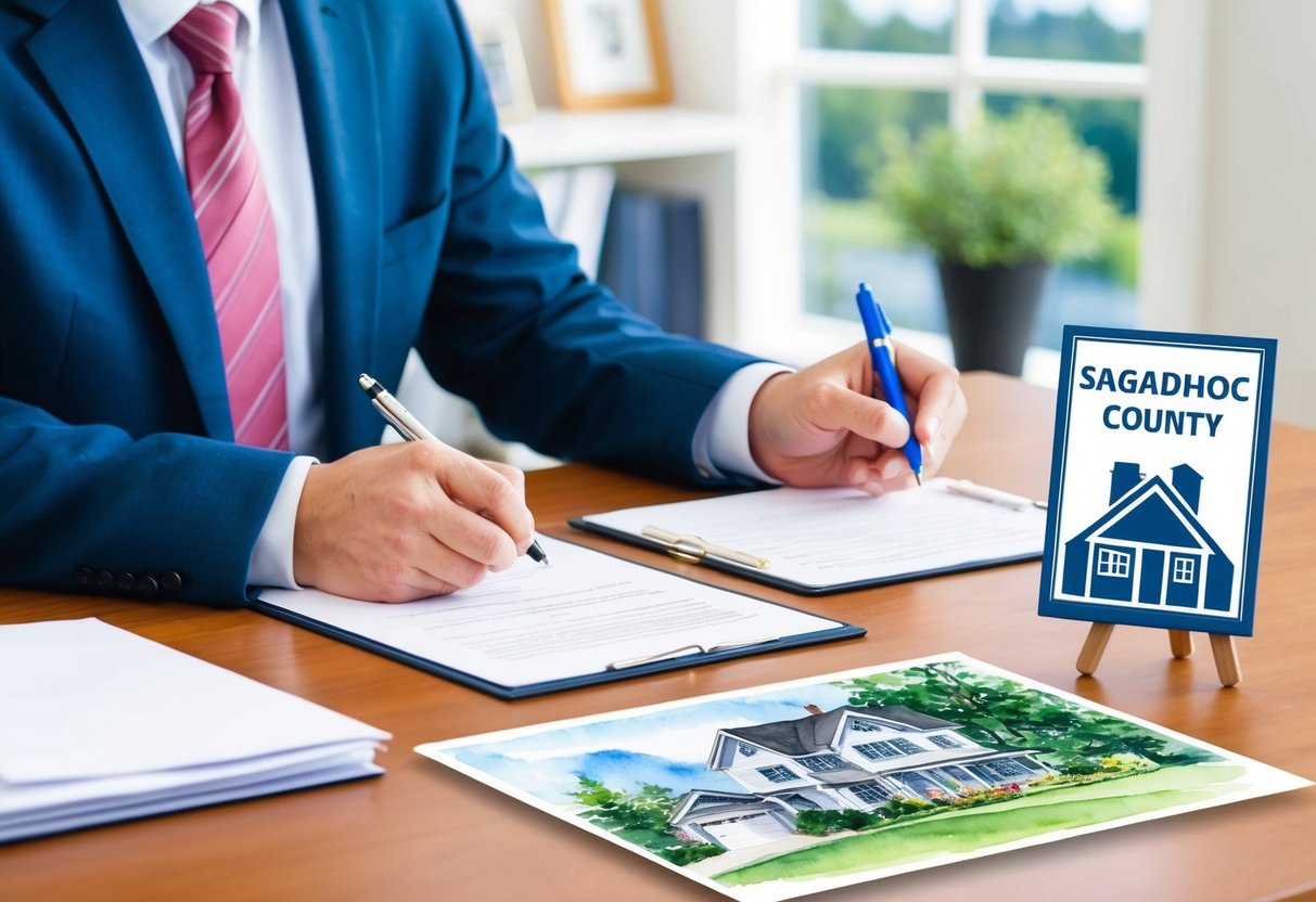A person signing paperwork at a desk while a real estate agent presents property options in Sagadahoc County, ME