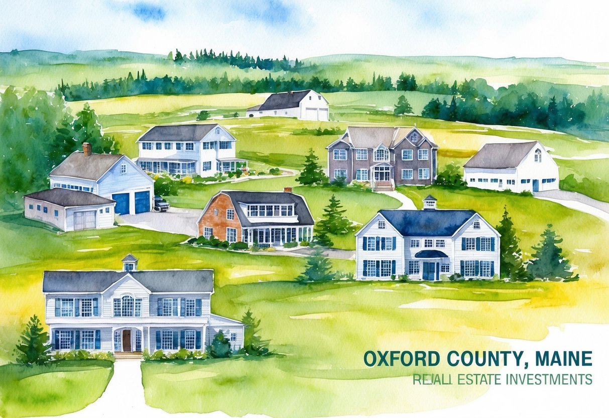 A rural landscape in Oxford County, Maine with various types of real estate investments such as residential homes, commercial properties, and farmland