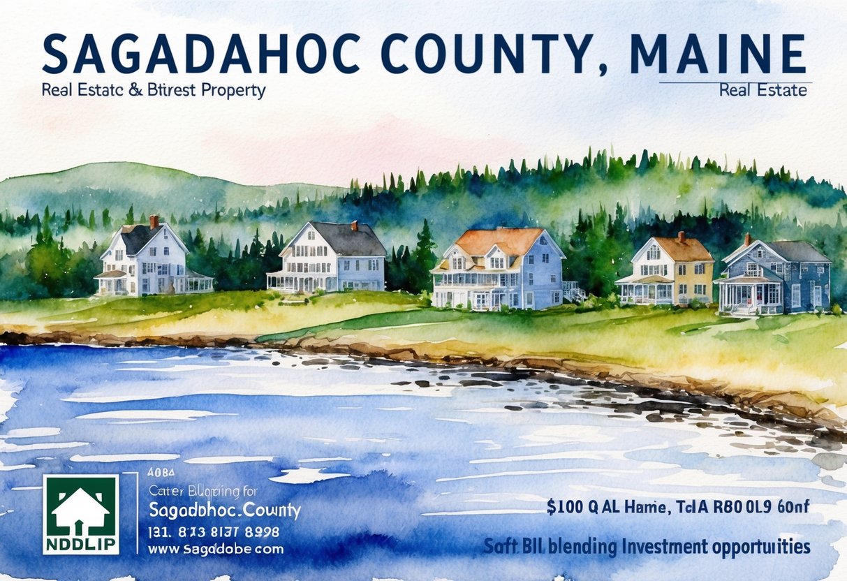 A scenic landscape of Sagadahoc County, Maine with various real estate properties and investment opportunities