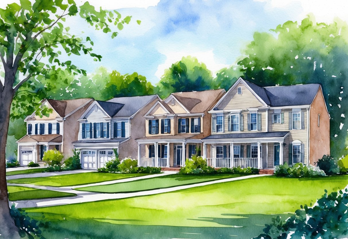 A peaceful suburban neighborhood in Columbia, MD with well-maintained homes and lush green lawns, surrounded by trees and a sense of community