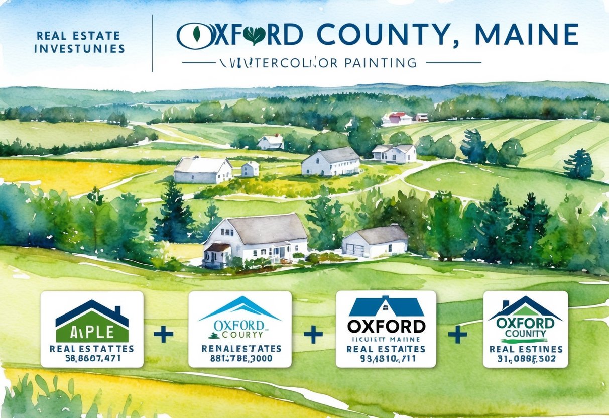 A rural landscape in Oxford County, Maine, with a mix of farmland and wooded areas, featuring various properties and real estate investment opportunities