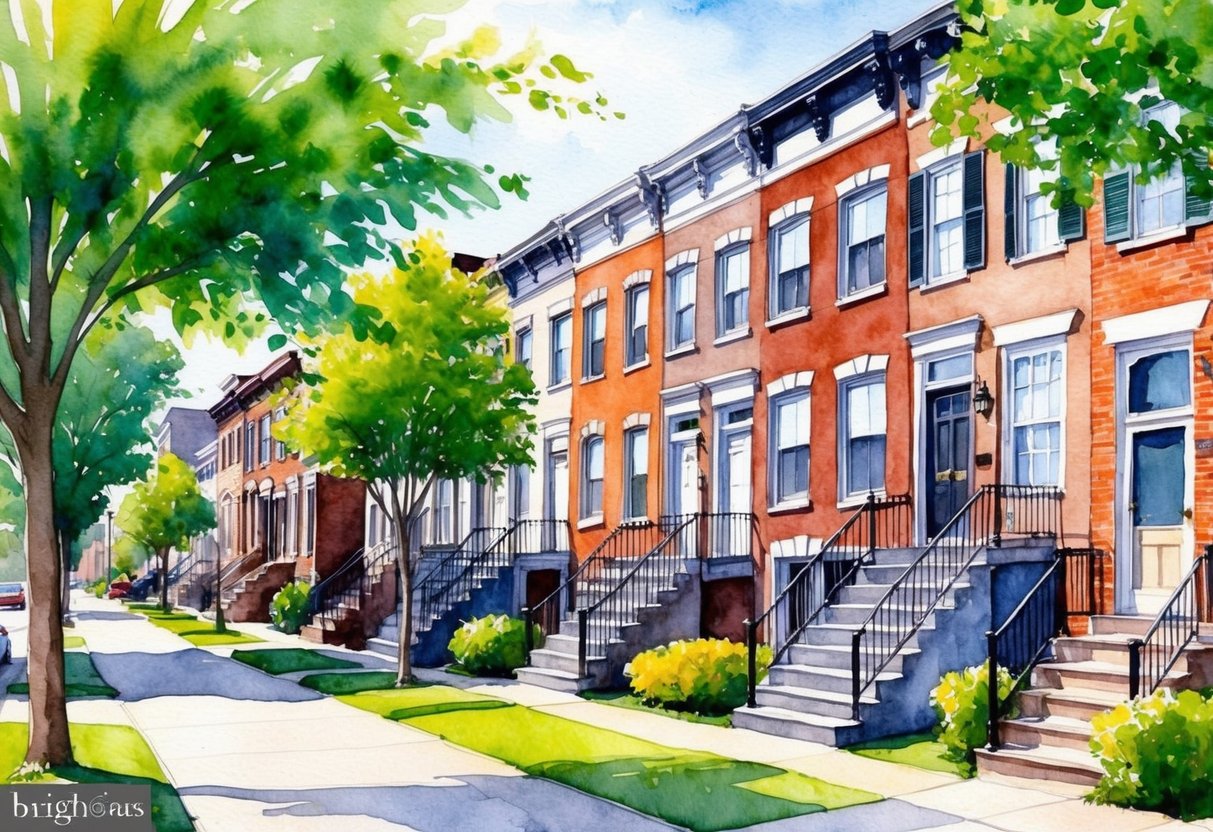 A row of rowhouses in Baltimore, Maryland, with a mix of historic and modern architecture, surrounded by lush green trees and well-kept sidewalks