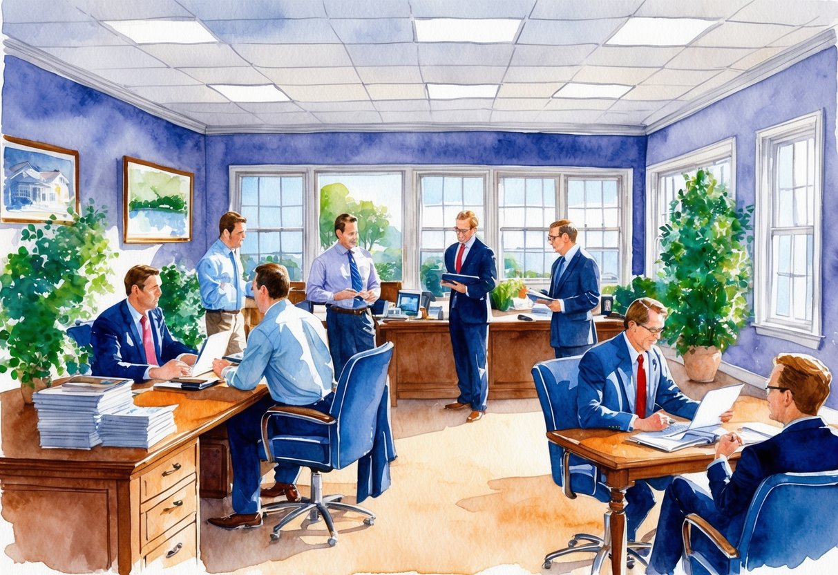 A bustling real estate office in Oxford County, ME, with agents discussing investment opportunities and studying market data