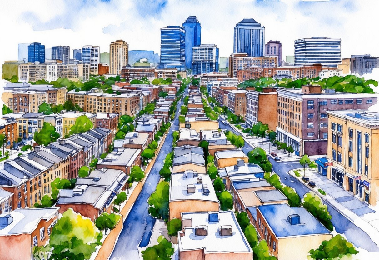 A cityscape of Baltimore, Maryland with rows of residential buildings and commercial properties, showcasing the diversity of the real estate market