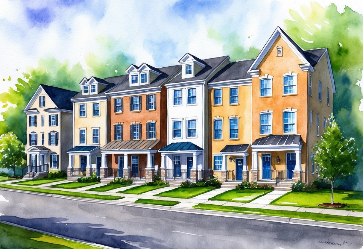 A row of diverse investment properties in Columbia, MD, including single-family homes, townhouses, and apartment buildings, surrounded by lush green landscaping