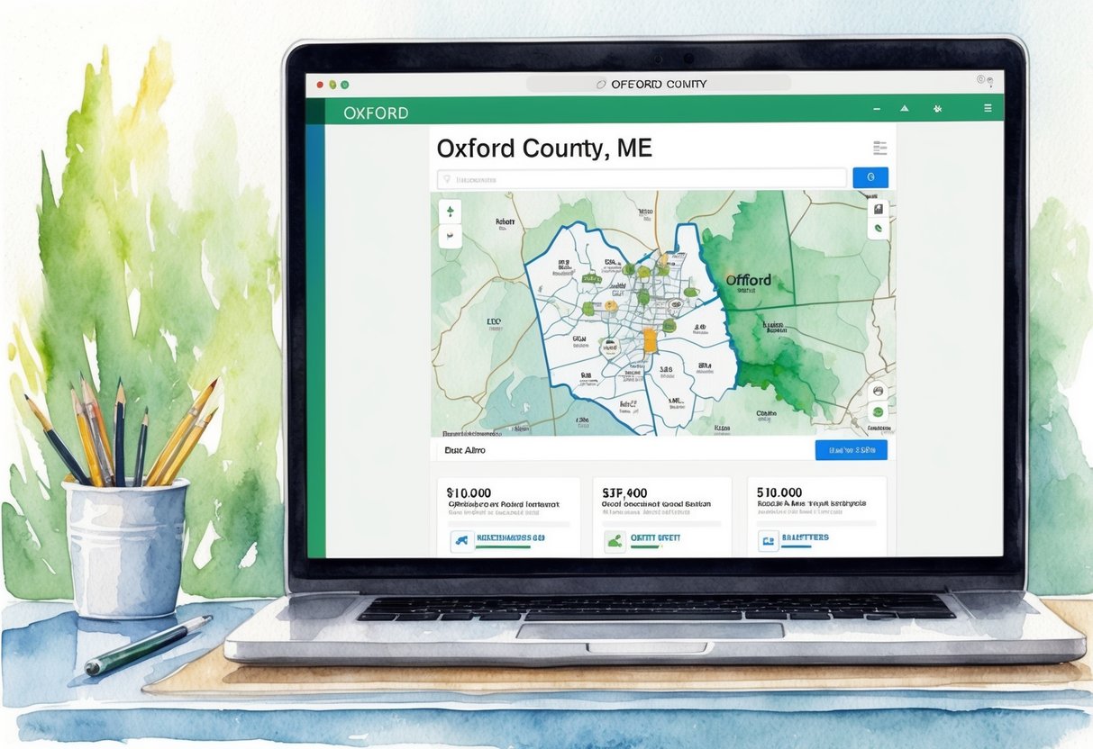 A computer screen displaying a map of Oxford County, ME with real estate listings and investment options highlighted on an online platform
