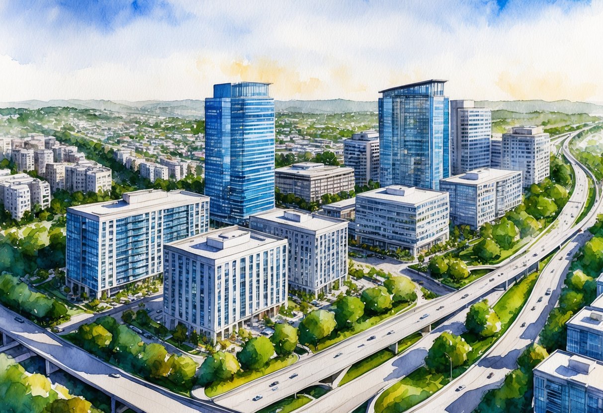 A bustling cityscape with modern office buildings and residential complexes, surrounded by lush greenery and a network of roads and highways