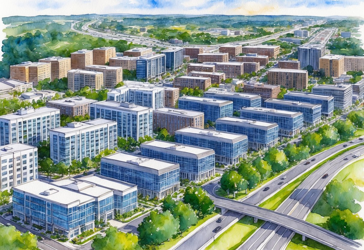 A bustling cityscape in Columbia, MD with rows of modern office buildings and residential complexes, surrounded by lush greenery and a network of roads and highways