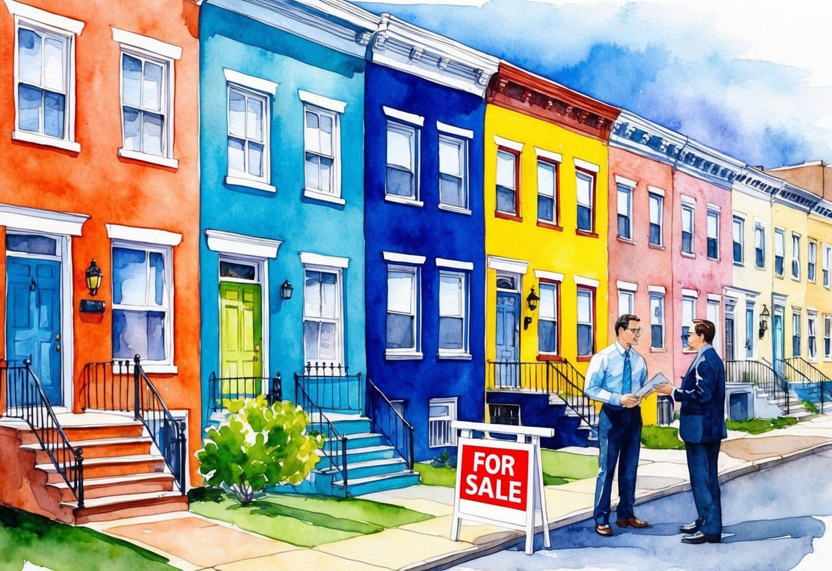 A row of colorful row houses in Baltimore, with a "For Sale" sign in front of one. A real estate agent and potential buyers discussing the property