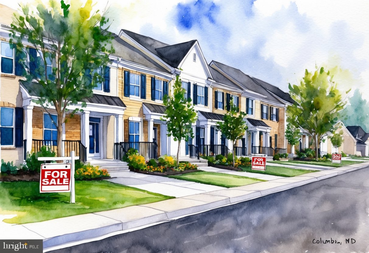 A row of modern townhouses in Columbia, MD, with "For Sale" signs out front. Well-maintained landscaping and a peaceful suburban atmosphere