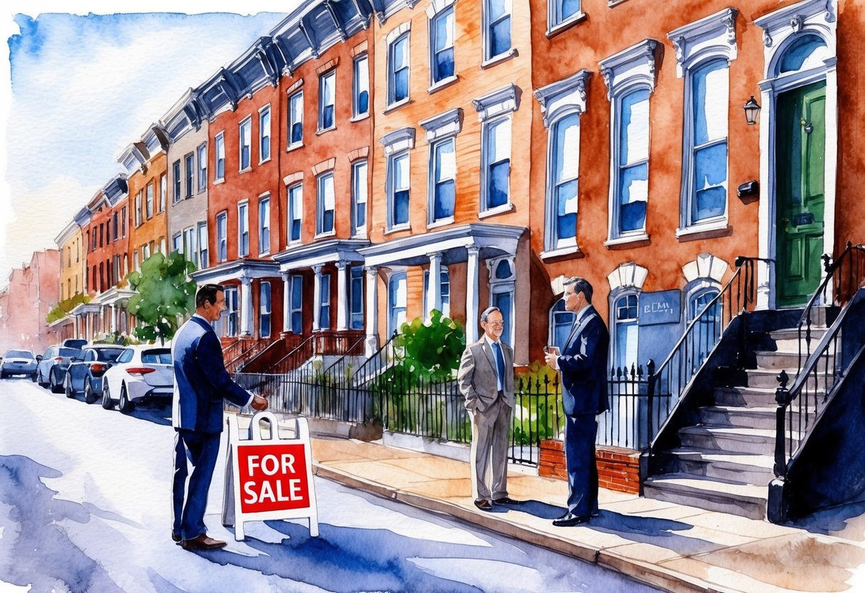 A bustling Baltimore street with row houses and a "For Sale" sign. A real estate investor meets with a banker outside a historic building