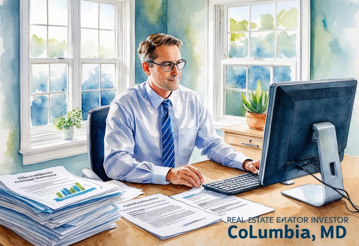 A real estate investor in Columbia, MD reviews legal and regulatory compliance documents in a home office, surrounded by paperwork and a computer