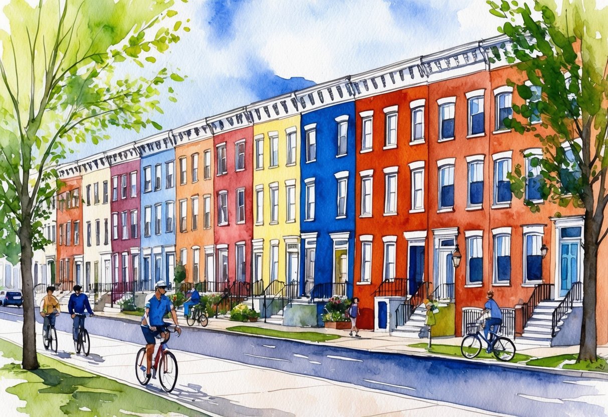 A row of colorful row houses in a bustling Baltimore neighborhood, with tree-lined streets and people walking and biking