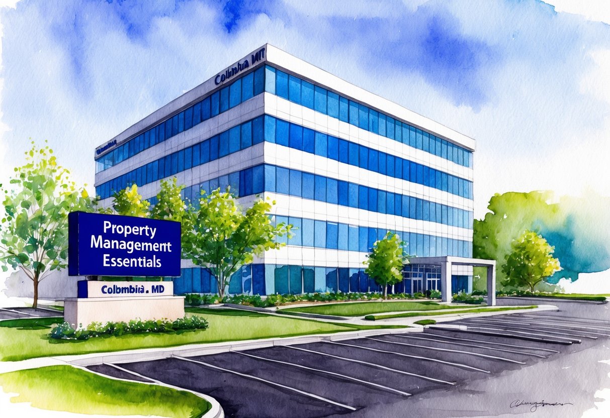 A modern office building in Columbia, MD with a "Property Management Essentials" sign displayed prominently. Surrounding landscaping and parking lot