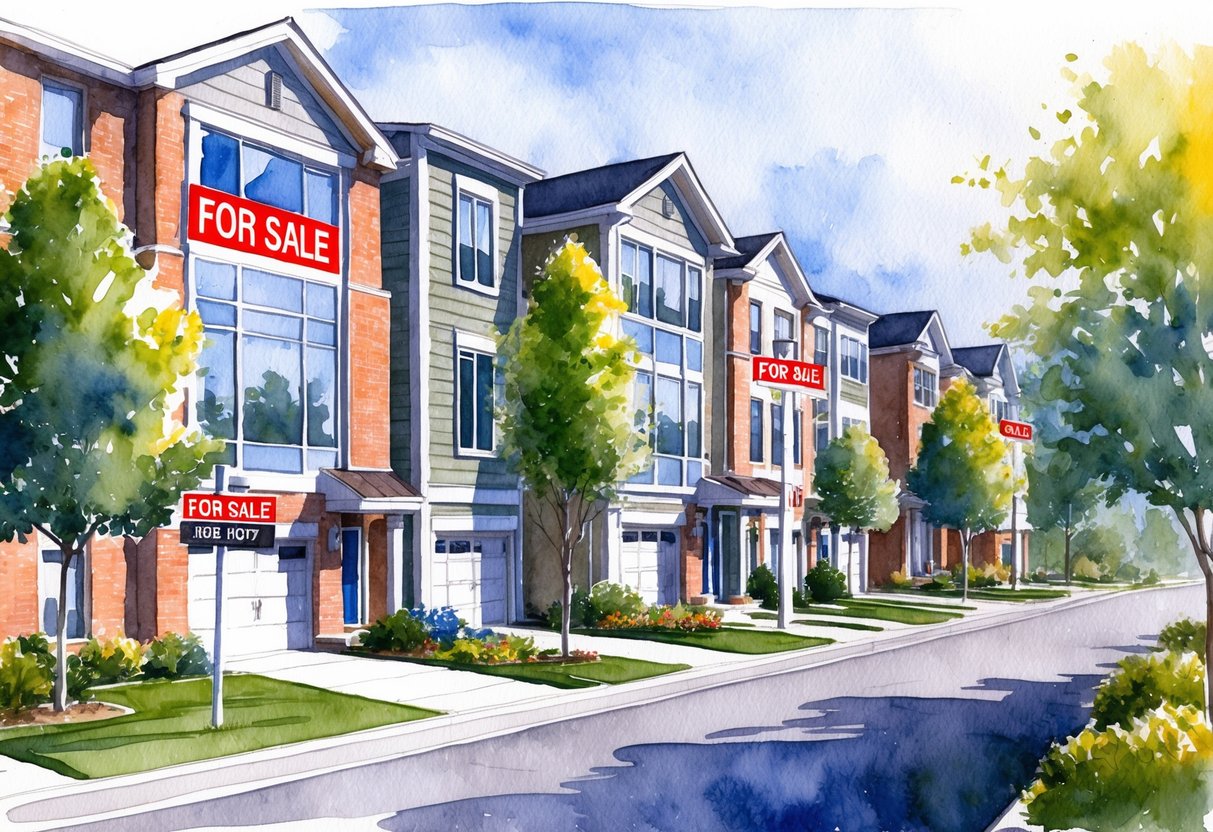 A row of modern townhouses in Rockville, MD, with "For Sale" signs and lush landscaping