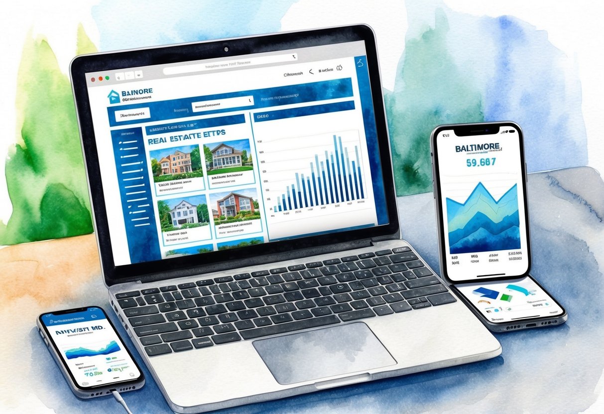 A laptop displaying real estate listings in Baltimore, MD, with a graph showing investment trends. A smartphone with investment apps sits nearby