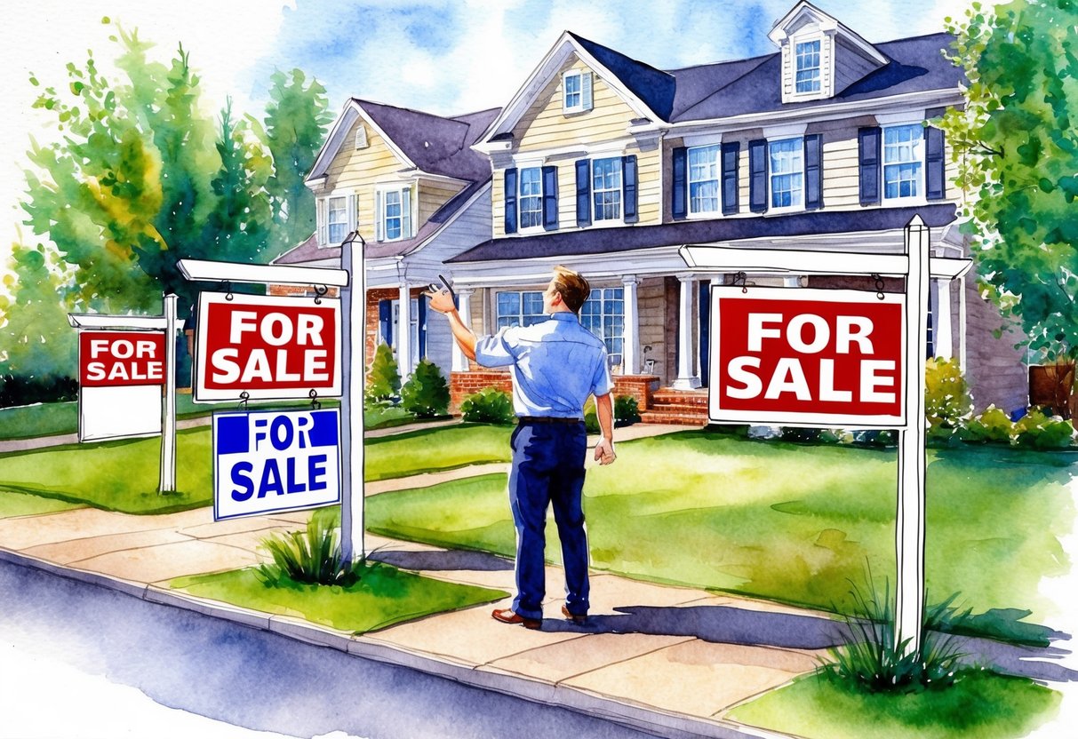 A real estate agent placing "For Sale" signs in front of houses in Columbia, MD