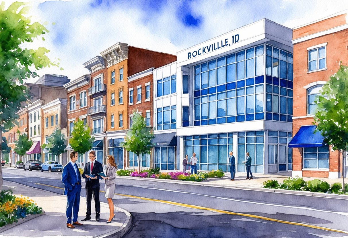 A bustling street in Rockville, MD, with diverse architecture and a mix of residential and commercial properties. A real estate agent meets with potential investors outside a modern office building