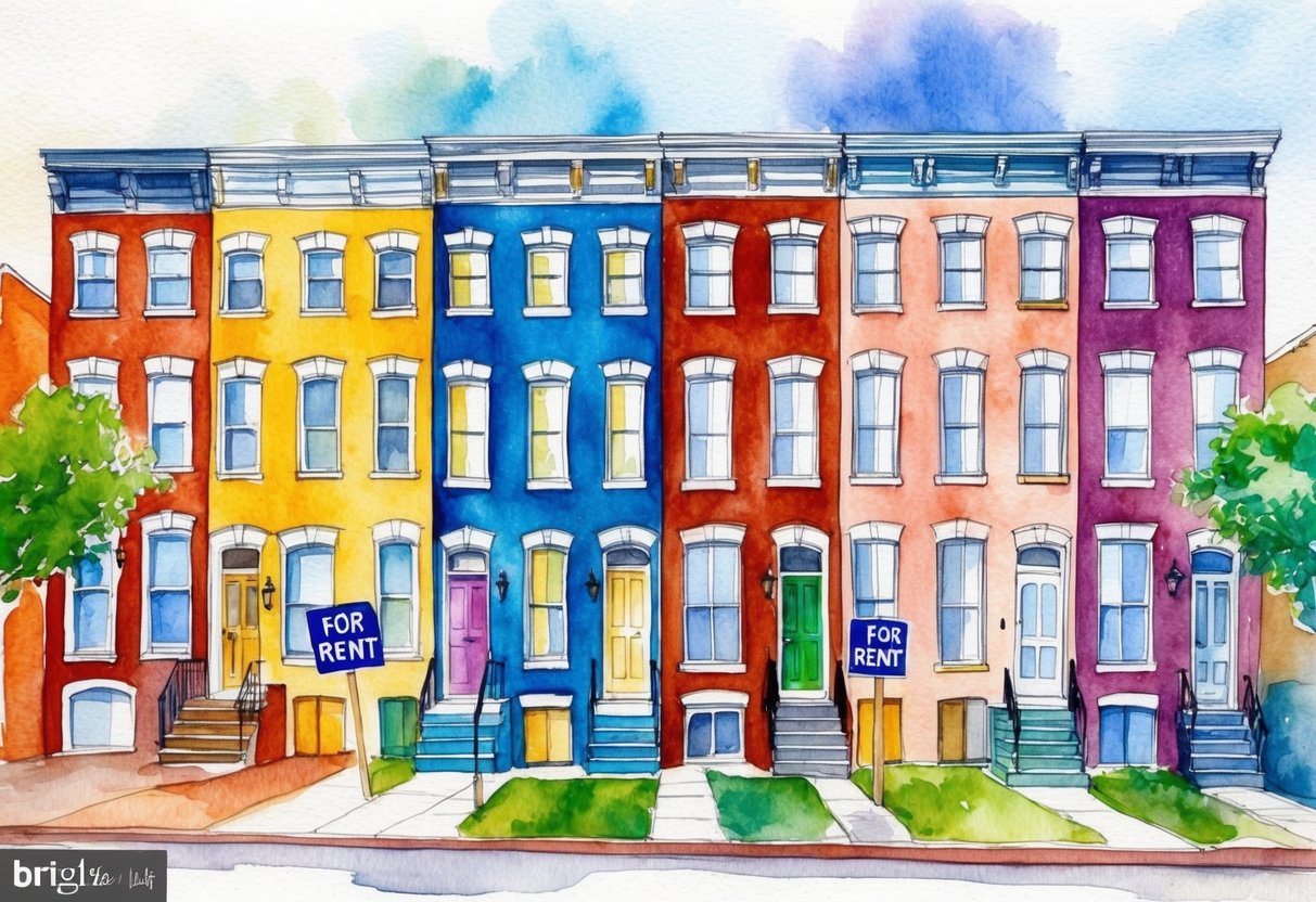 A row of colorful row houses in Baltimore, Maryland, with "For Rent" signs out front
