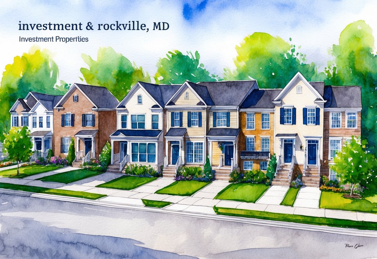 A row of diverse investment properties in Rockville, MD, including single-family homes, townhouses, and apartment buildings, surrounded by lush greenery and well-maintained landscaping