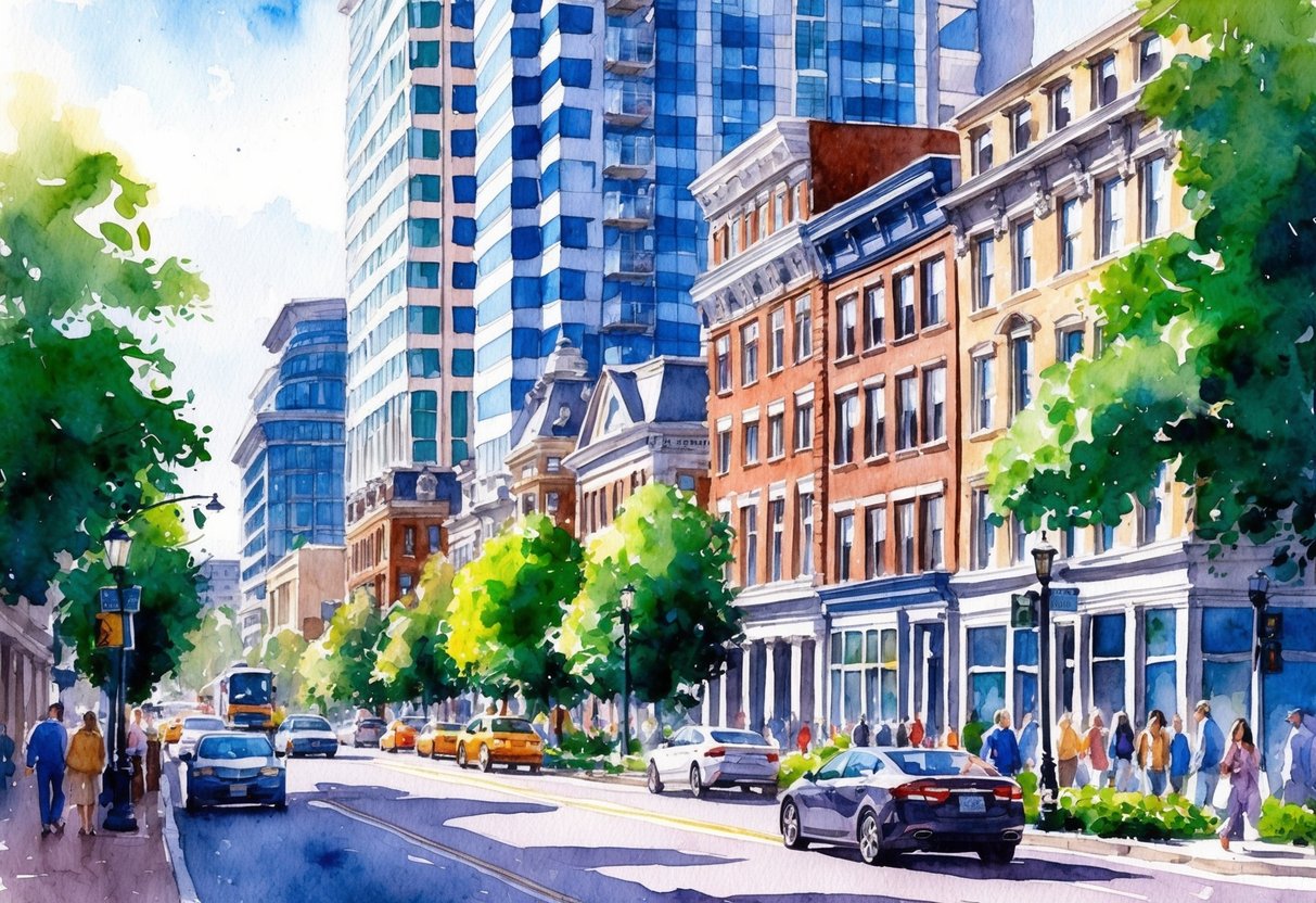 A bustling city street in Rockville, MD, with a mix of modern high-rise buildings and historic architecture, surrounded by lush greenery and bustling with people and traffic