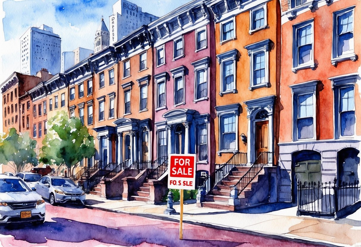 A row of historic brownstone buildings in Boston, Massachusetts, with a "For Sale" sign in front, surrounded by bustling city streets