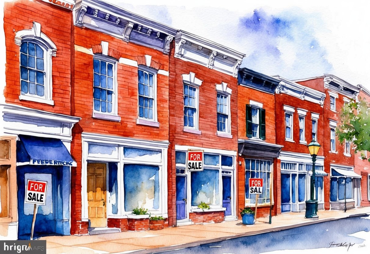A row of historic brick buildings in downtown Frederick, MD, with "For Sale" signs displayed outside