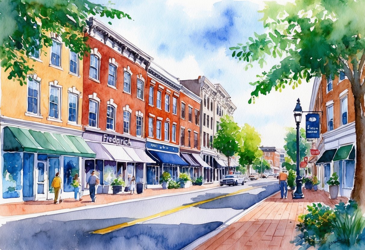 A bustling downtown street in Frederick, MD, with historic buildings and modern storefronts, surrounded by lush greenery and bustling with activity
