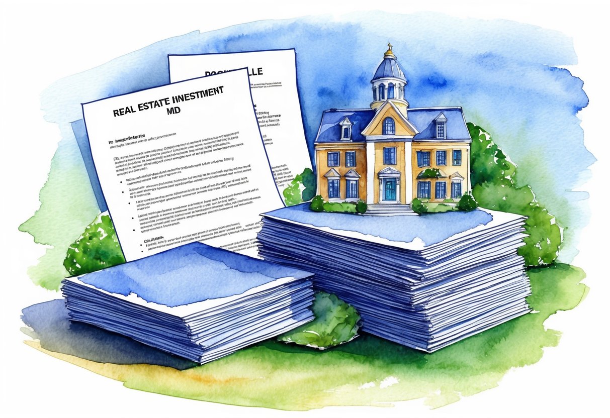 A stack of legal documents and a city map of Rockville, MD, surrounded by a set of real estate investment guidelines and regulations