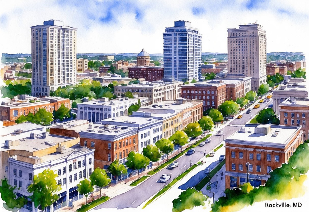 A bustling cityscape in Rockville, MD, with high-rise buildings, bustling streets, and a mix of residential and commercial properties