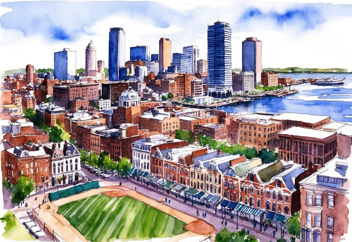 A bustling Boston cityscape with a mix of historic brownstones, modern high-rises, and iconic landmarks like Fenway Park and the Boston Harbor